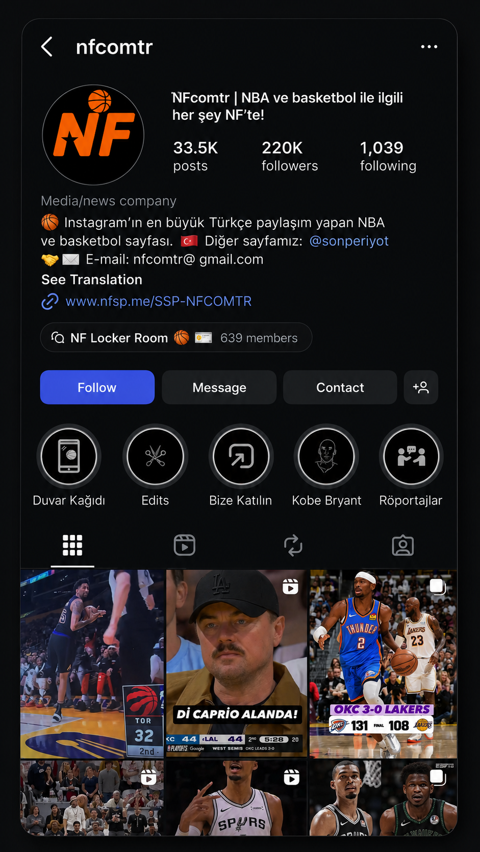 Major basketball media and sports content Instagram page in Turkey — social growth system